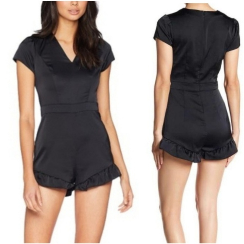 BEBE Satin V Neck Black Ruffle Shorts Romper